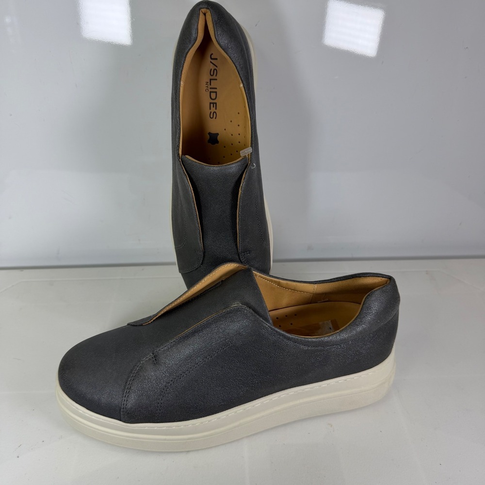 J/SLIDES NYC Womens Dark Gray Leather Slip On Sneakers Shoes Size 10